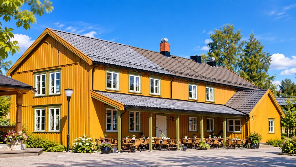 Det gule Bjørkhov-huset i Selbu med overbygd uteservering, blomster og bord i sol